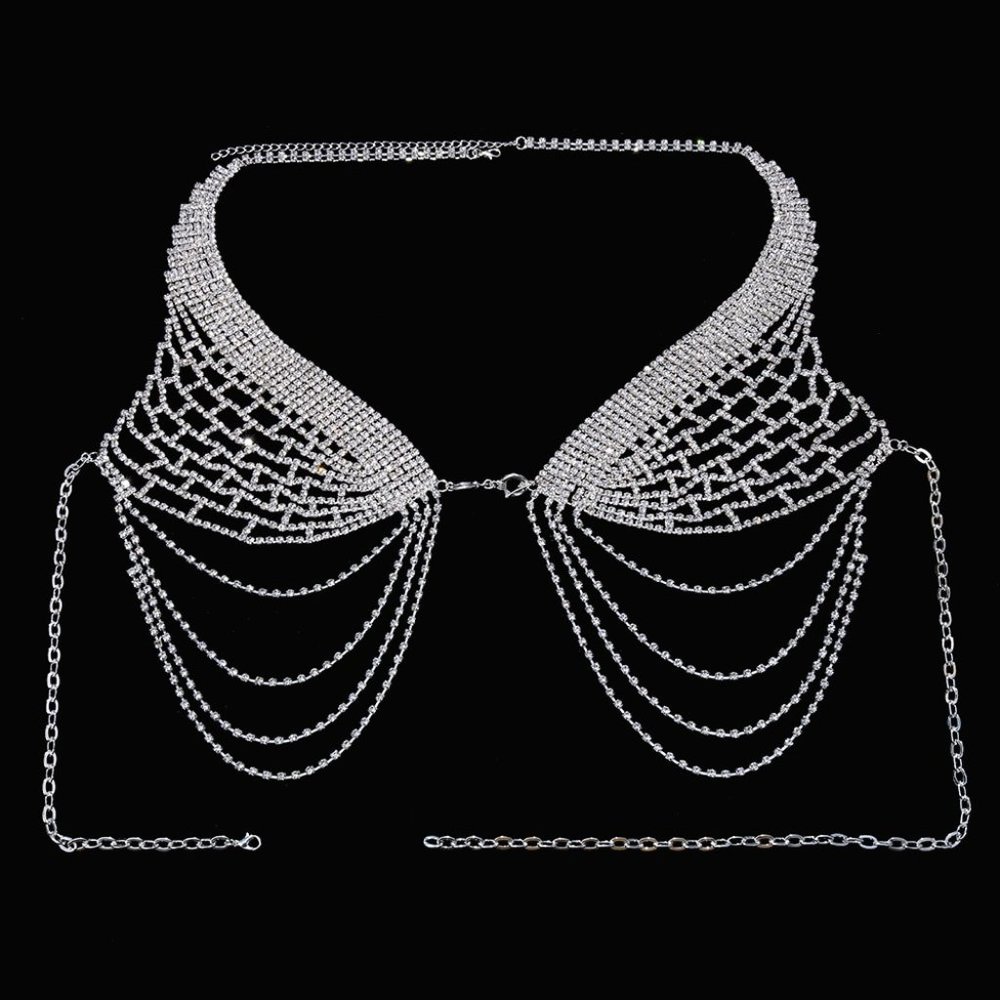 Tassel Underwear Rhinestone Bra Thong Lingerie Body Chain Bikini Body Jewelry - Picture 5 of 7